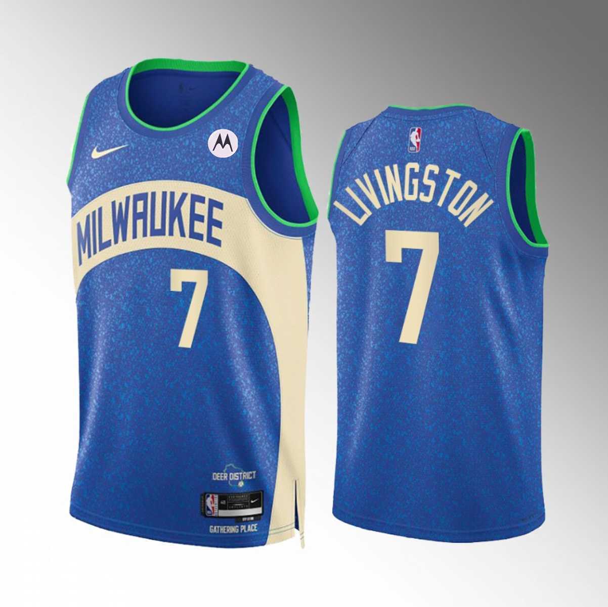 Men%27s Milwaukee Bucks #7 Chris Livingston Blue 2023-24 City Edition Stitched Basketball Jersey Dzhi